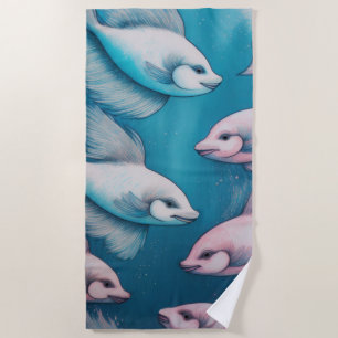 Blue and Pink Chalk Drawing of Fish Beach Towel
