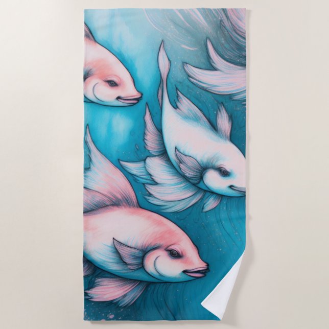 Blue and Pink Chalk Drawing of Fish Beach Towel (Front)