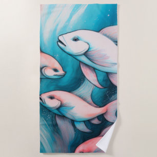Blue and Pink Chalk Drawing of Fish Beach Towel
