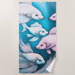 Blue and Pink Chalk Drawing of Fish Beach Towel