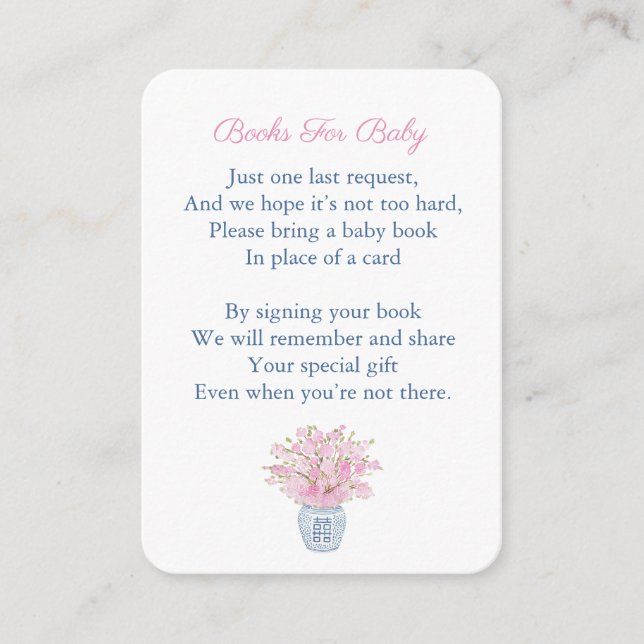 Blue And Pink Chinoiserie Bring A Book Baby Shower Enclosure Card (Front)