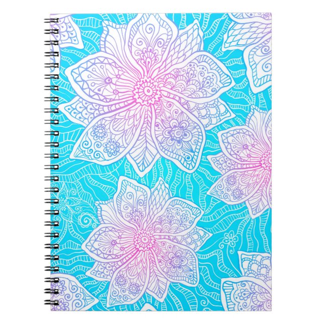 Blue and pink colours ornate flowers seamless patt notebook (Front)