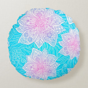 Blue and pink colours ornate flowers seamless patt round pillow