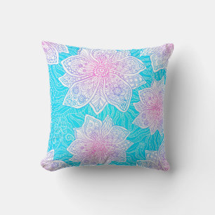 Blue and pink colours ornate flowers seamless patt throw pillow