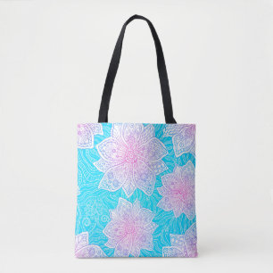 Blue and pink colours ornate flowers seamless patt tote bag