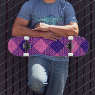 Blue and Pink Crosshatch Chequered Design  Skateboard