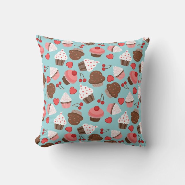 Blue And Pink Cupcakes, Hearts And Cherries Throw Pillow (Front)