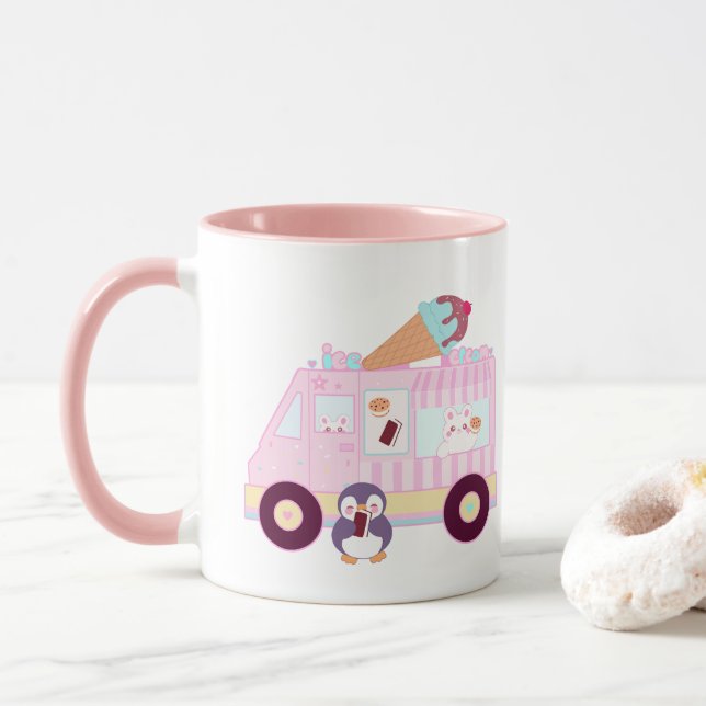 Blue And Pink Cute  Bunny Rabbit Ice Cream Truck Mug (With Donut)