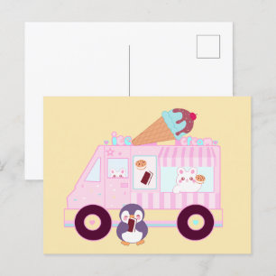 Blue And Pink Cute  Bunny Rabbit Ice Cream Truck Postcard