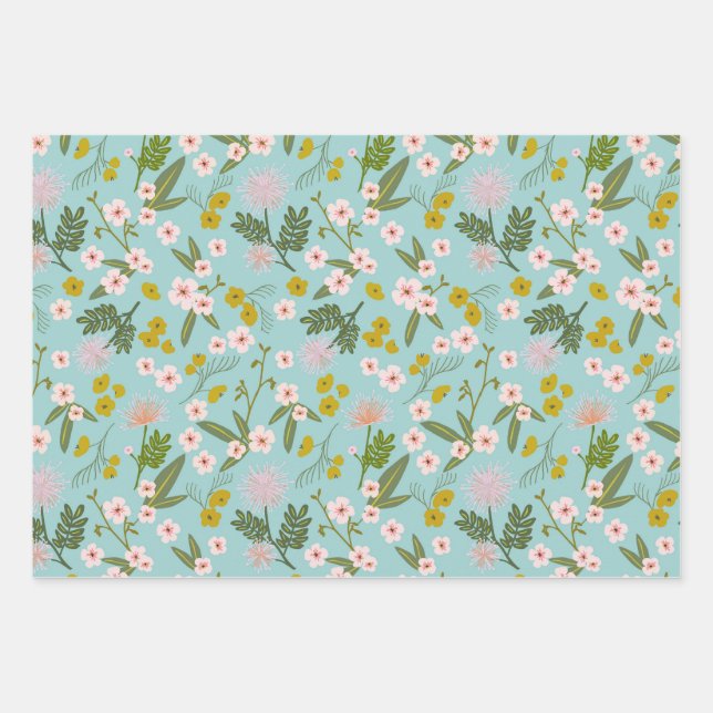 Blue and Pink Desert Floral Wrapping Paper Sheet (Front)
