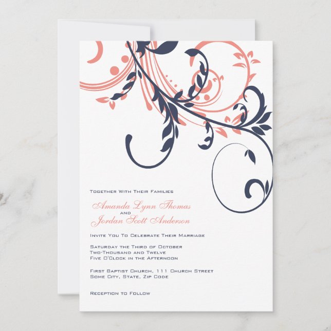 Blue and Pink Double Floral Wedding Invitation (Front)