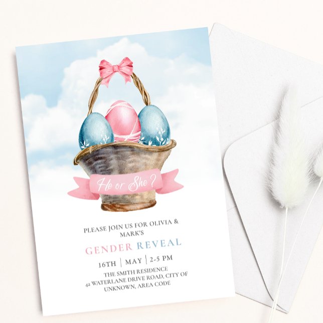 Blue and Pink Easter Eggs Spring Gender Reveal Invitation (Creator Uploaded)