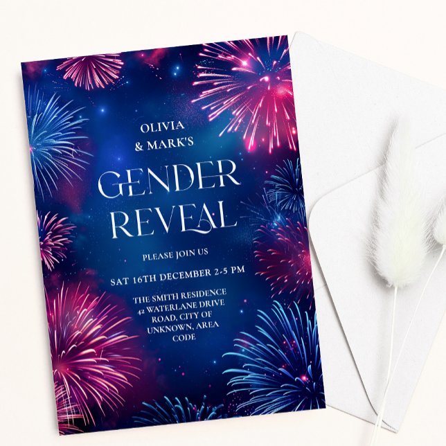 Blue and Pink Firework Firecracker Gender Reveal Invitation (Creator Uploaded)