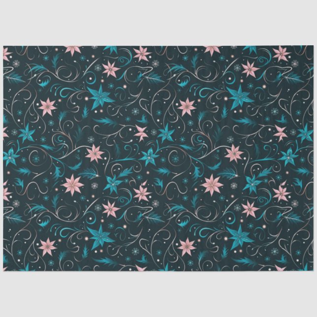 Blue and Pink Floral and Vines Christmas Tissue Paper (Front)