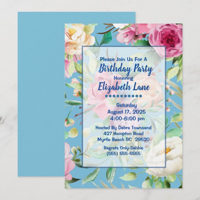 Blue and Pink Floral Birthday Party Invitation (Front/Back)