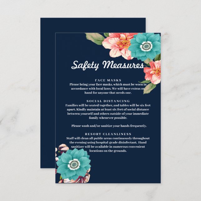 Blue And Pink Floral Botanical Safety Measures Card (Front/Back)