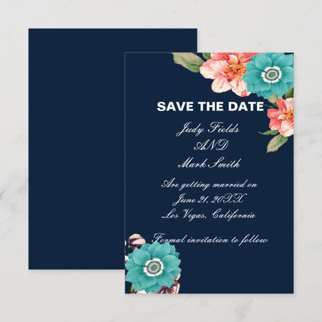 Blue And Pink Floral Botanical Save The Date Card (Front/Back)