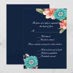 Blue And Pink Floral Botanical Wedding Response Invitation