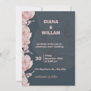 Blue and Pink Floral Minimalist Wedding Invitation