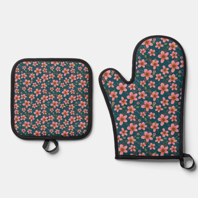 Blue and Pink Floral Oven Mitt & Pot Holder Set (Front)