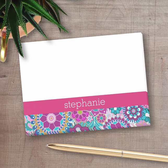 Blue and Pink Floral Pattern - Add Your Name Post-it Notes (Personalized Post-It Notes - add name or other text)
