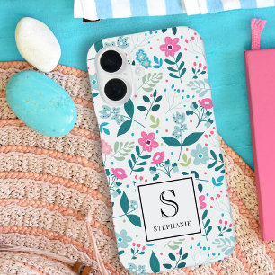 Blue and Pink Floral Pattern with Monogram Name iPhone 16 Case