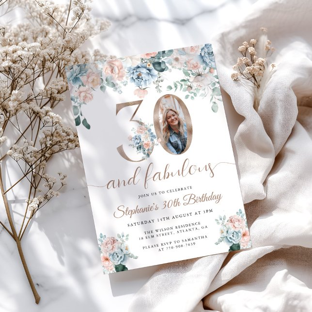 Blue and Pink Floral Photo 30th Birthday Invitatio Invitation (Creator Uploaded)