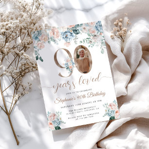 Blue and Pink Floral Photo 90th Birthday Invitation
