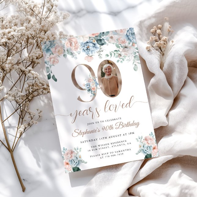 Blue and Pink Floral Photo 90th Birthday Invitation (Creator Uploaded)