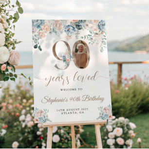 Blue and Pink Floral Photo 90th Birthday Welcome Poster