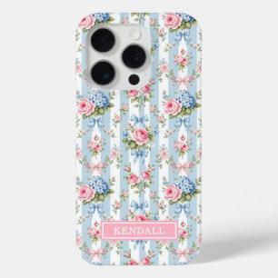 Blue and Pink Flowers and Bows Striped iPhone 15 Pro Case