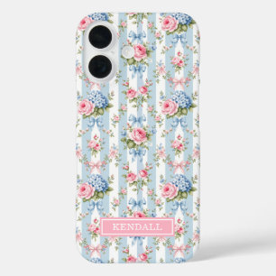 Blue and Pink Flowers and Bows Striped iPhone 16 Case