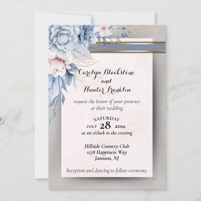 Blue and Pink Flowers on Pink & Grey Wedding Invitation (Front)