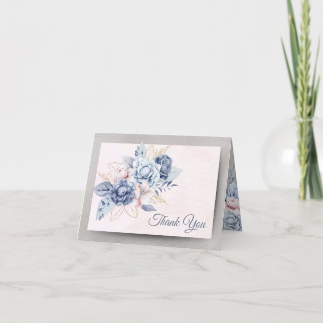 Blue and Pink Flowers on Pink & Grey Wedding Thank You Card (Front)