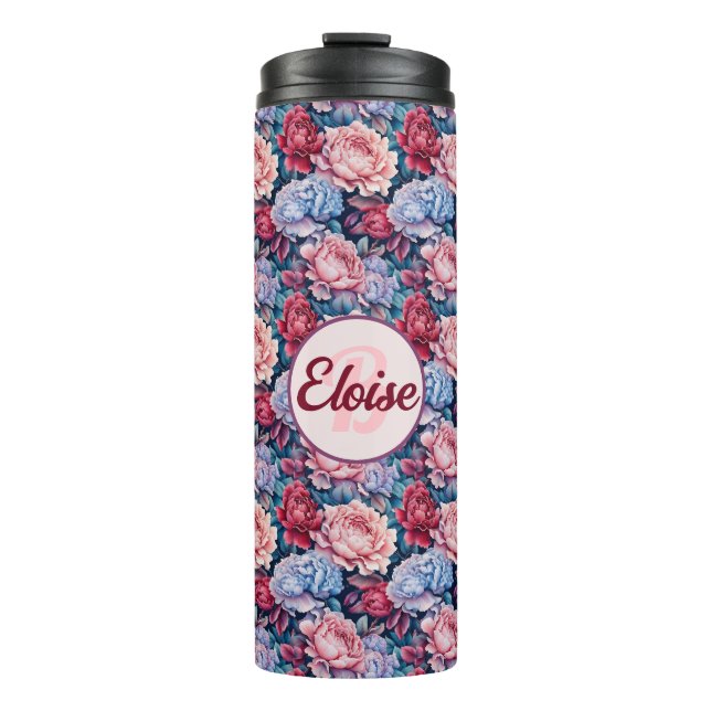 Blue and Pink Flowers Personalized Thermal Tumbler (Front)