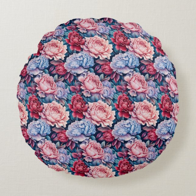 Blue and Pink Flowers Round Pillow (Front)