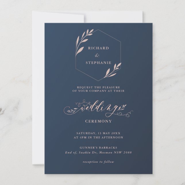 Blue and Pink Foliage Leaf Wedding Invitation (Front)