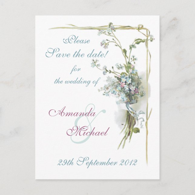 Blue and pink forget me nots announcement postcard (Front)