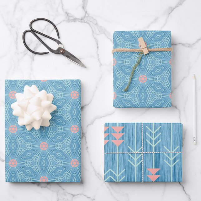 Blue and Pink Geometric Abstract Wrapping Paper Sheet (Front)