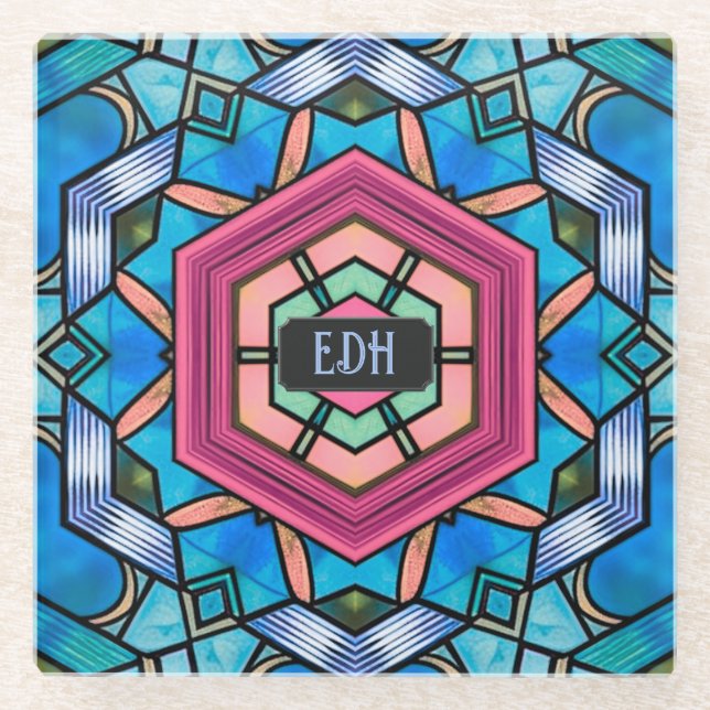 Blue and Pink Geometric Art Deco with own Initials Glass Coaster (Front)