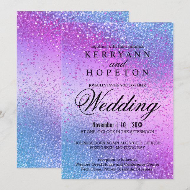 Blue and Pink Glitter Invitation (Front/Back)
