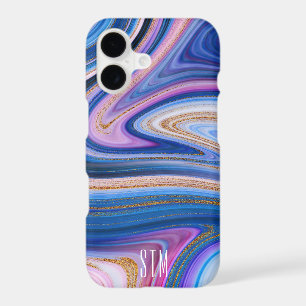 Blue and Pink Gold Marble Agate Monogram