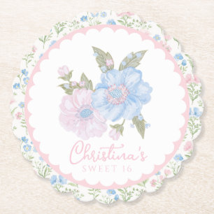 Blue and Pink Grandmillennial Floral Sweet 16 Paper Coaster