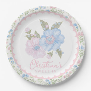 Blue and Pink Grandmillennial Floral Sweet 16 Paper Plate