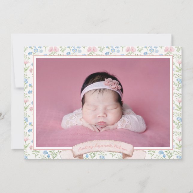 Blue and Pink Grandmillennial Flower Photo Baby  Announcement (Front)