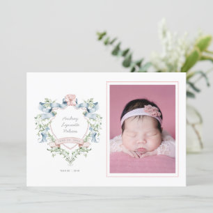 Blue and Pink Grandmillennial Ribbon Crest Baby Announcement