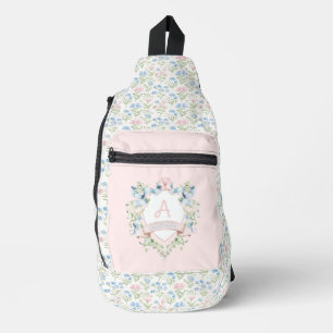 Blue and Pink Grandmillennial Ribbon Crest Baby Sling Bag
