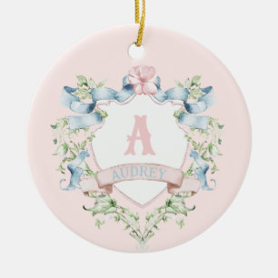 Blue and Pink Grandmillennial Ribbon Crest Ceramic Ornament