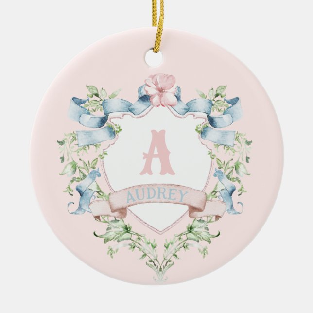 Blue and Pink Grandmillennial Ribbon Crest  Ceramic Ornament (Front)