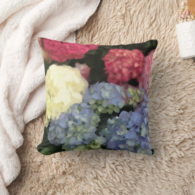 Blue and Pink Hydrangea Digital Flower Painting Throw Pillow (Blanket)